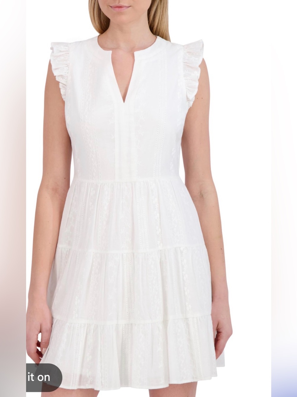 Laundry By Shelli Segal White Eyelet Ruffle Sleeve Tiered Dress